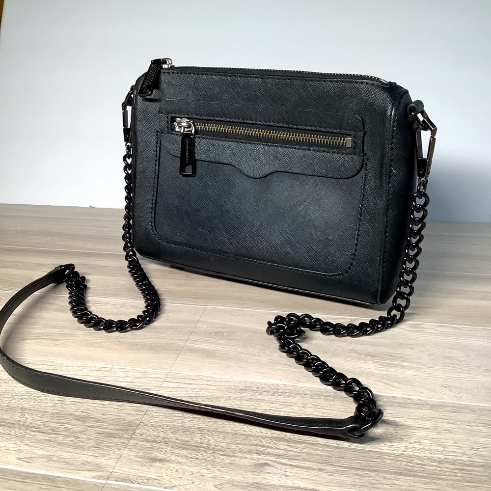 REBECCA MINKOFF Avery Black Leather Crossbody Bag Mini Purse Chain Strap Minimal